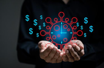 Outstretched hands with hologram of money symbols.