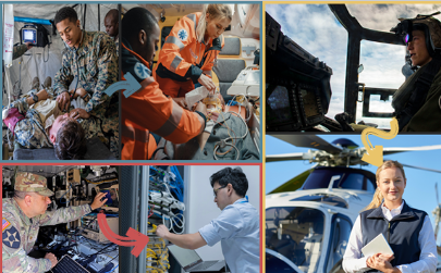 Four different scenarios of miliary service members working in their field.