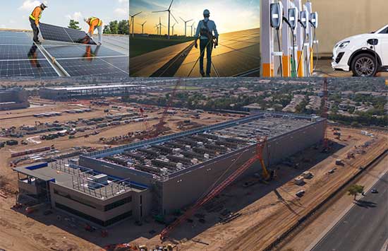 Four different images relating to contruction grown surrounding AI, renewable energy and electric vehicles. Workers laying solar panels, working at wind turbine, electric vehicle plugged in, and a large data center under contruction.