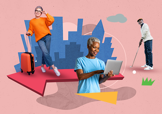 Collage of three older people, one with a laptop in hand, one playing golf, and one with a suitcase.