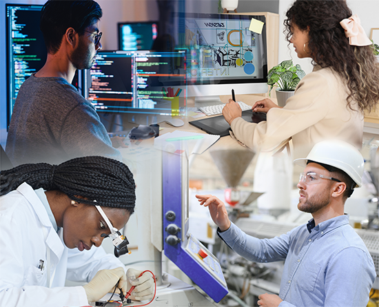 Four different images of different employees working in STEM related occupations.