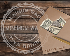 Opened envelope with dollars and change coming out the top. Envelope says 7 dollars and 25 cents with a stamp reading minimum wage.