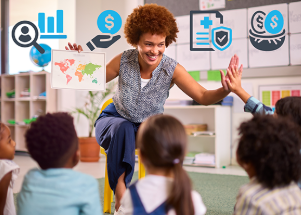 Classroom full of elementary school students with a teacher in front holding a map. Statistical icons at the top, search, bar chart, hand holding dollar sign, healthcare icon, and two eggs  in a basket with dollar signs. 