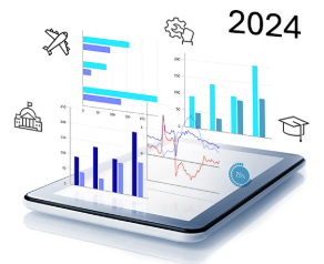 Illustration of economic charts and icons.