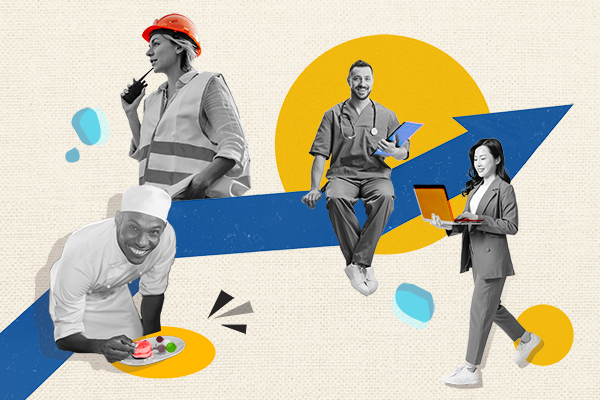 Upwards chart arrow with four individuals from various industries around the arrow.