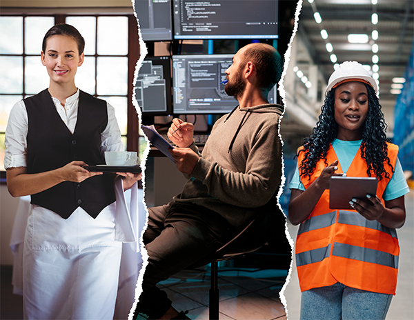Three employes from different industries: waitress, technology, and warehouse.
