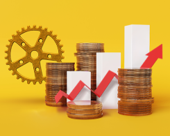 Illustration of ecoromic production with gear and coins 