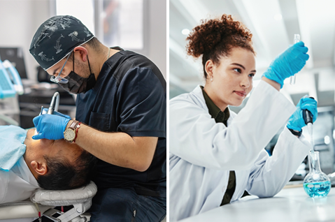 Dental hygenist working on a patient and a lab tech looking at viles. 