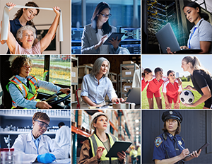 A nine photo collage of various occupations performed by women. 