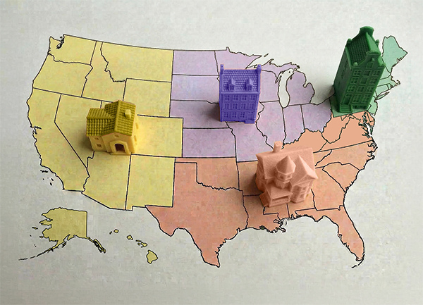 Map of the United States broken into four different regions with various rental houses or building in each of the four groups. 