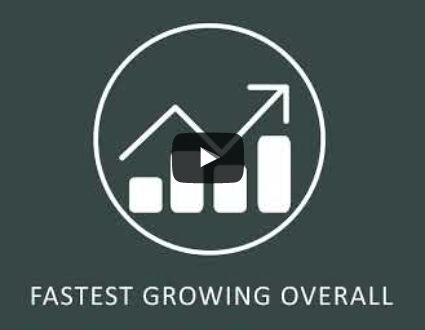 FASTEST GROWING OVERALL text with an warrow going up and down above generic vertical bar chart graphic. 