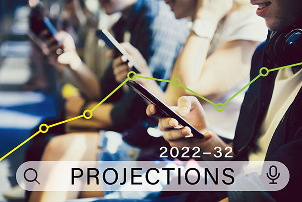 Row of people holding cell phones with a line graph with plot points in the foreground with text: 2022-32 Projections in a search box