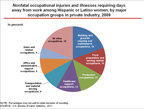 Nonfatal occupational injuries and illnesses requiring days away from work among Hispanic or Latino women, by major occupation groups in private industry, 2009