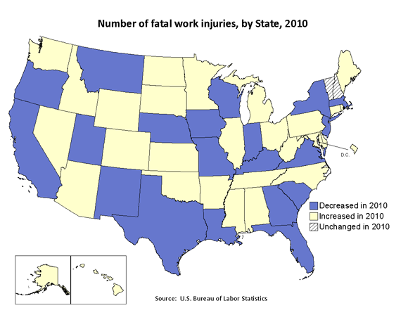 Number of fatal work injuries, by State, 2010