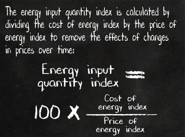 The energy input quantity index is calculated by dividing the cost of energy index by the price of energy index to remove the effects of changes in prices over time.