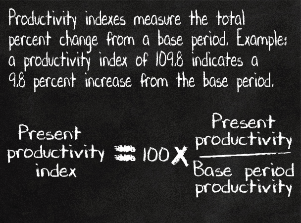 Productivity indexes measure the total percent change from a base period. Example: a productivity index of 109.8 indicates a 9.8 percent increase from the base period.