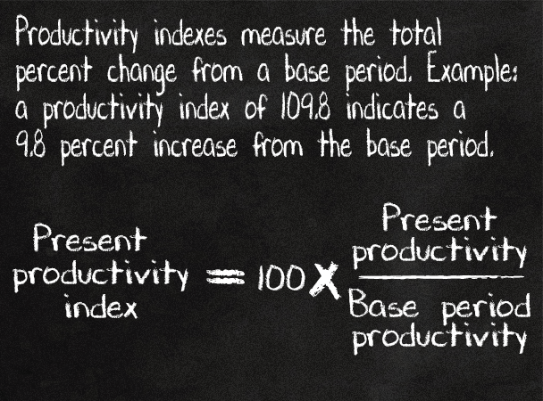 Productivity indexes measure the total percent change from a base period. Example: a productivity index of 109.8 indicates a 9.8 percent increase from the base period.