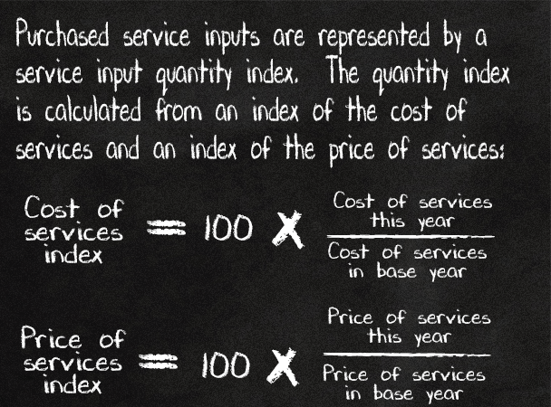 Purchased service inputs are represented by a service input quantity index. The quantity index is calculated from an index of the cost of services and an index of the price of services.