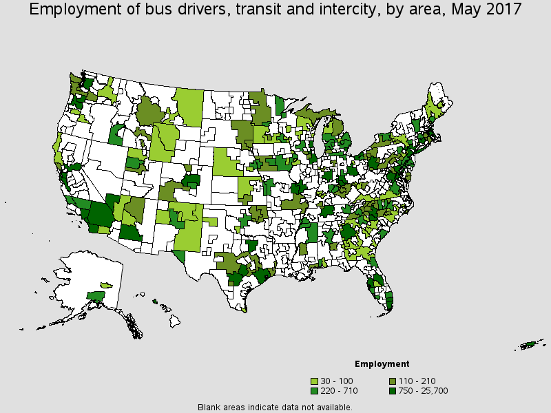 Employment of bus drivers, transit and intercity, by area, May 2017 map