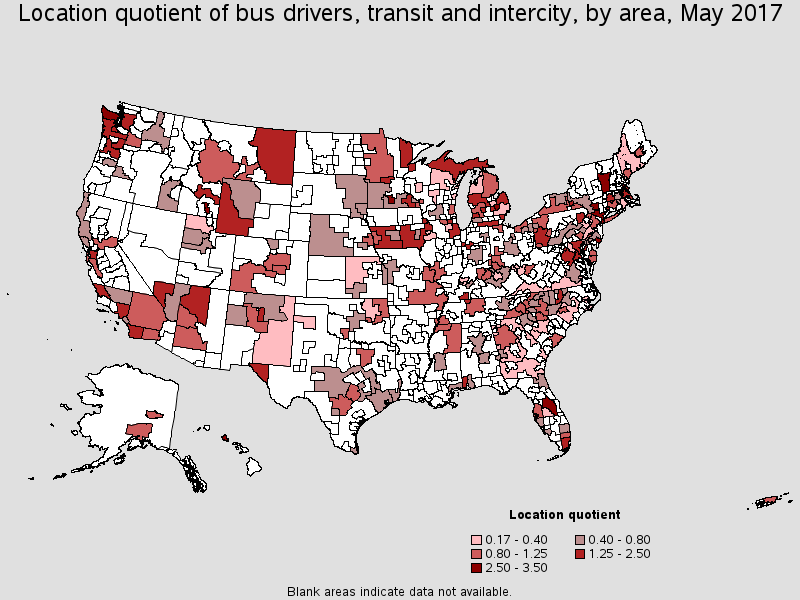 Location quotient of bus drivers, transit and intercity, by area, May 2017 map