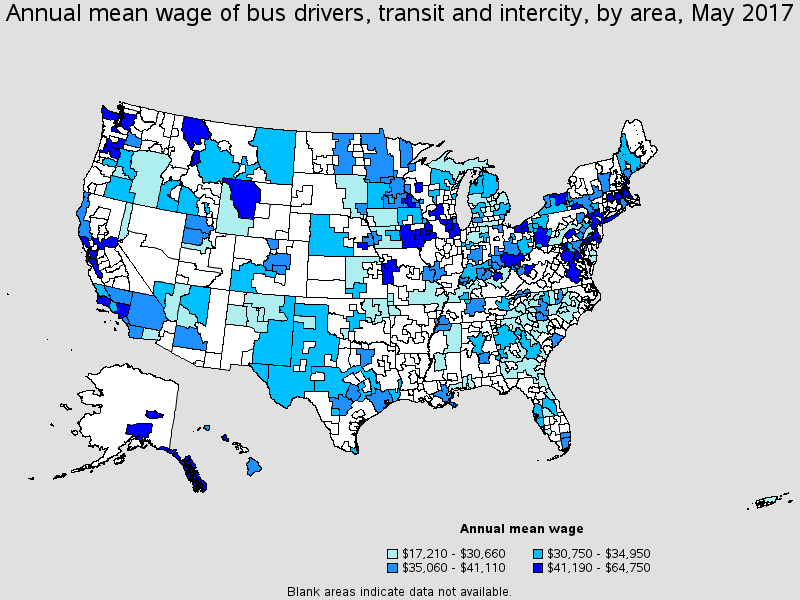 Annual mean wage of bus drivers, transit and intercity, by area, May 2017 map