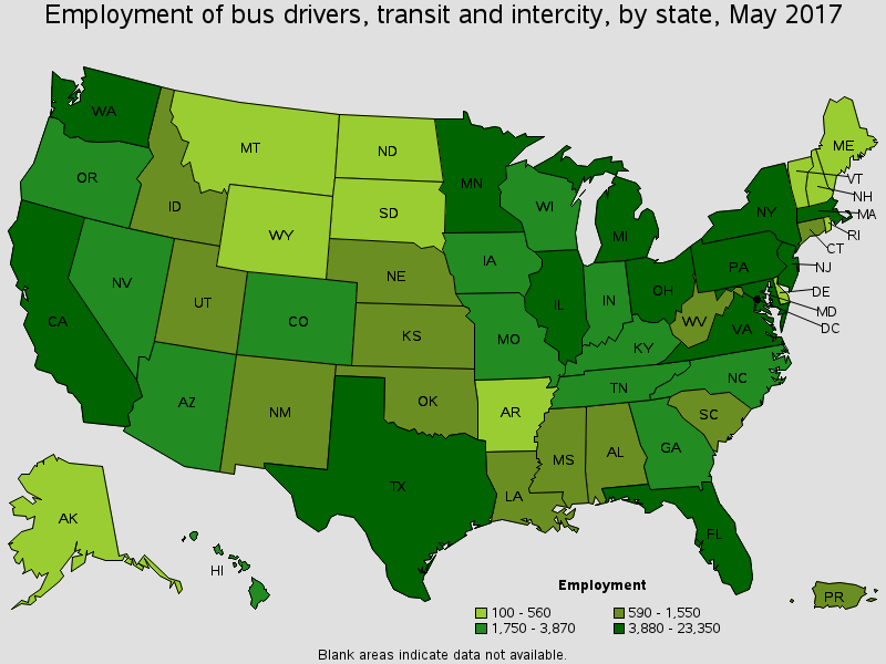 Employment of bus drivers, transit and intercity, by state, May 2017 map
