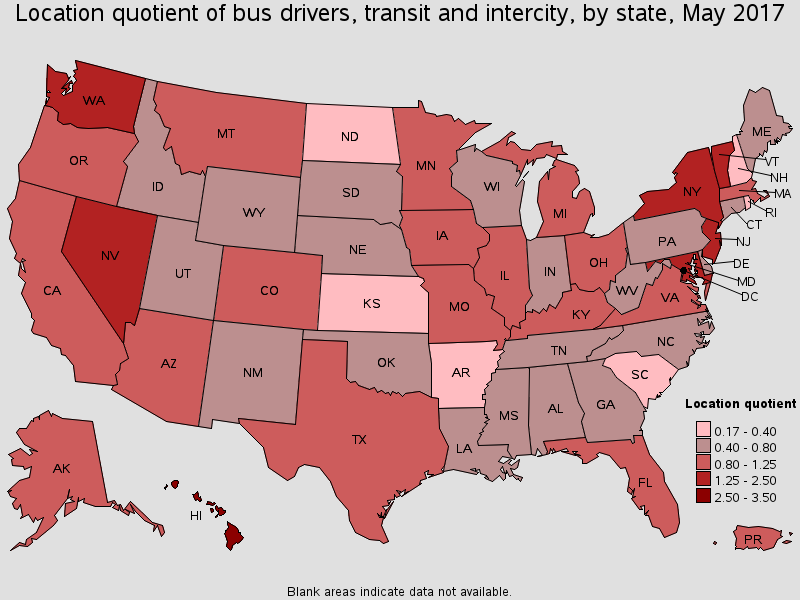 Location quotient of bus drivers, transit and intercity, by state, May 2017 map