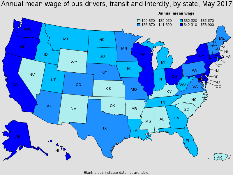 Annual mean wage of bus drivers, transit and intercity, by state, May 2017 map