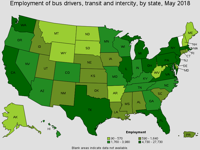 Employment of bus drivers, transit and intercity, by state, May 2017 map