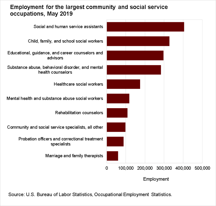 Employment for the largest community and social service occupations, May 2019