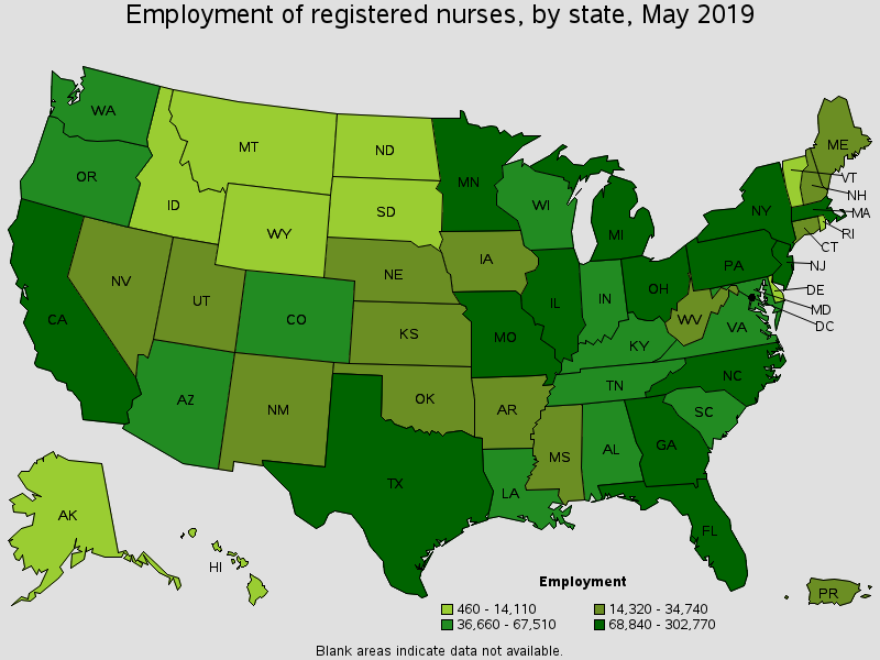 Employment of registered Nurses, by state, May 2019