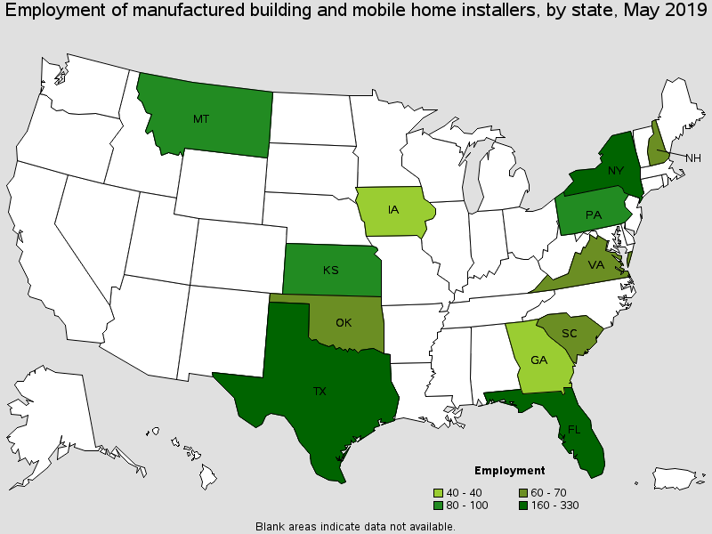 Employment of manufactured building and mobile home installers, by state, May 2019