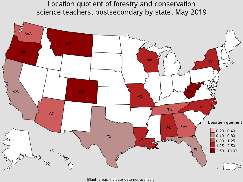 Location quotient for forestry and conservation science teachers, postsecondary by state, May 2019
