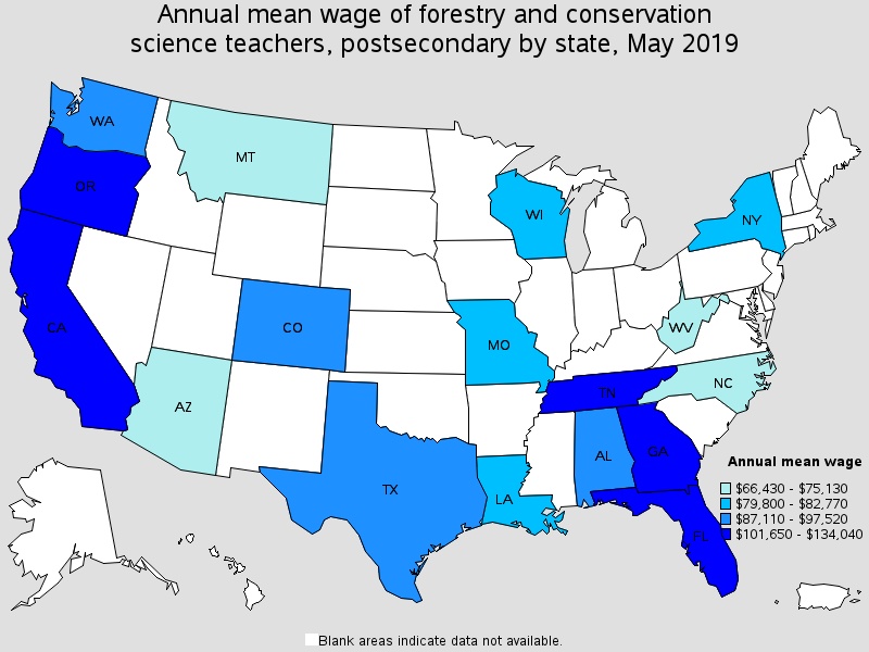 Annual mean wage of forestry and conservation science teachers, postsecondary by state, May 2019