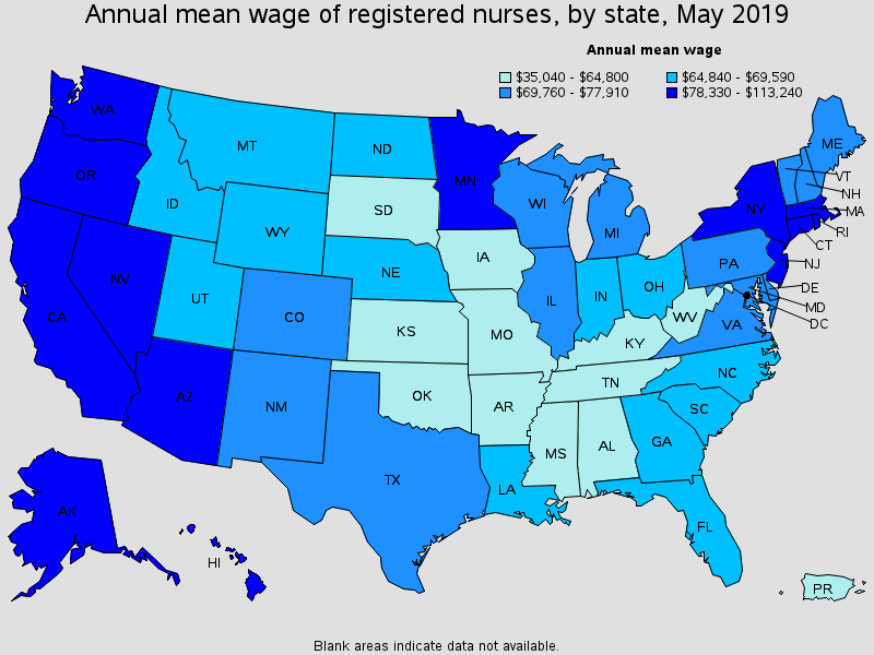 Annual mean wage of Registered Nurses, by state, May 2019