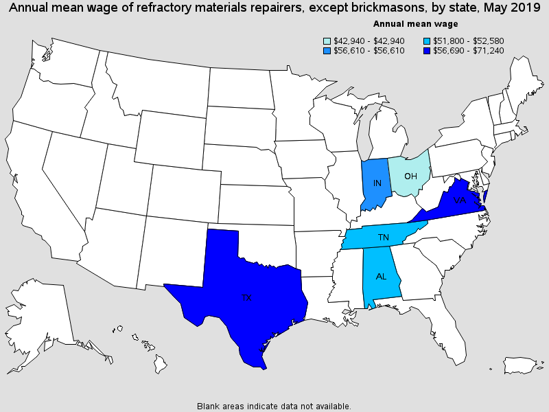 Annual mean wage of refractory materials repairers, except brickmasons, by state, May 2019