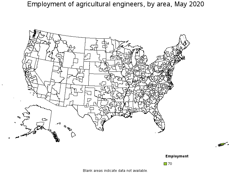 Map of the metropolitan areas with the highest employment level of Agricultural Engineers