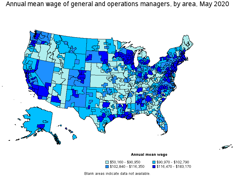 Annual mean wage of General and Operations Managers, by area, May 2020