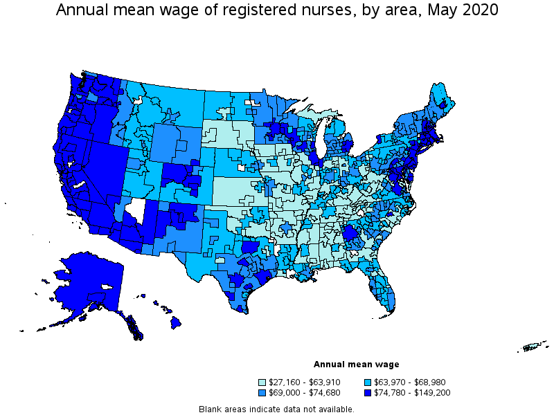 Annual mean wage of Registered Nurses, by state, May 2020