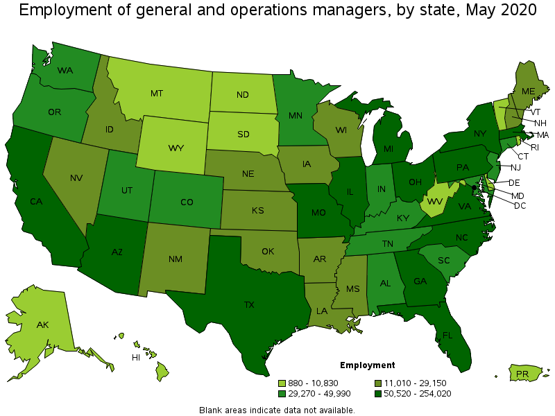 Employment of General and Operations Managers, by state, May 2020