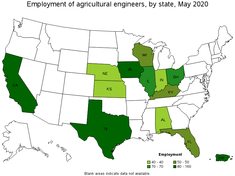 Map of the states with the highest employment level of Agricultural Engineers