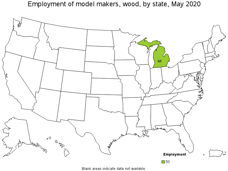 Map of the states with the highest employment level of Model Makers, Wood