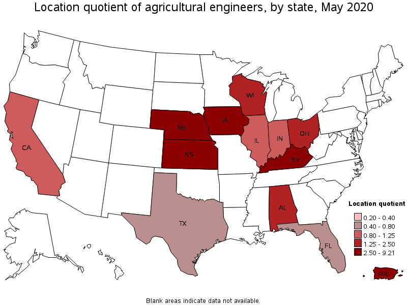 Map of the states with the highest location quotient for Agricultural Engineers