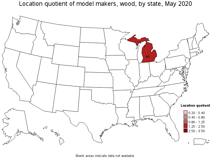 Map of the states with the highest location quotient for Model Makers, Wood