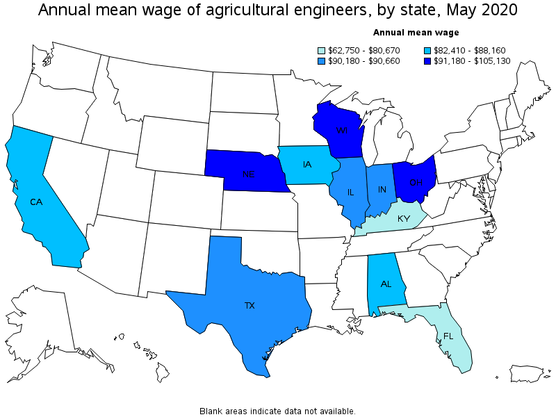 Map of the states with the highest mean wage for Agricultural Engineers