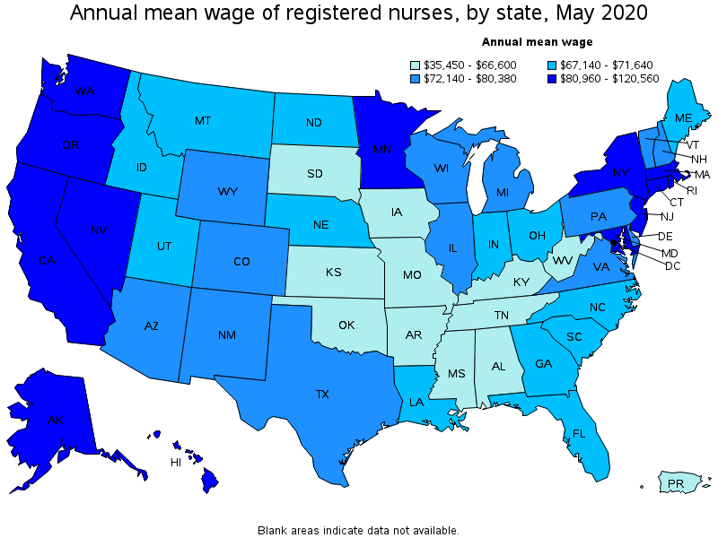 Annual mean wage of Registered Nurses, by state, May 2020