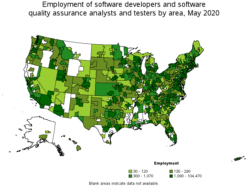 Employment of Software Developers and Software Quality Assurance Analysts and Testers, by area, May 2020