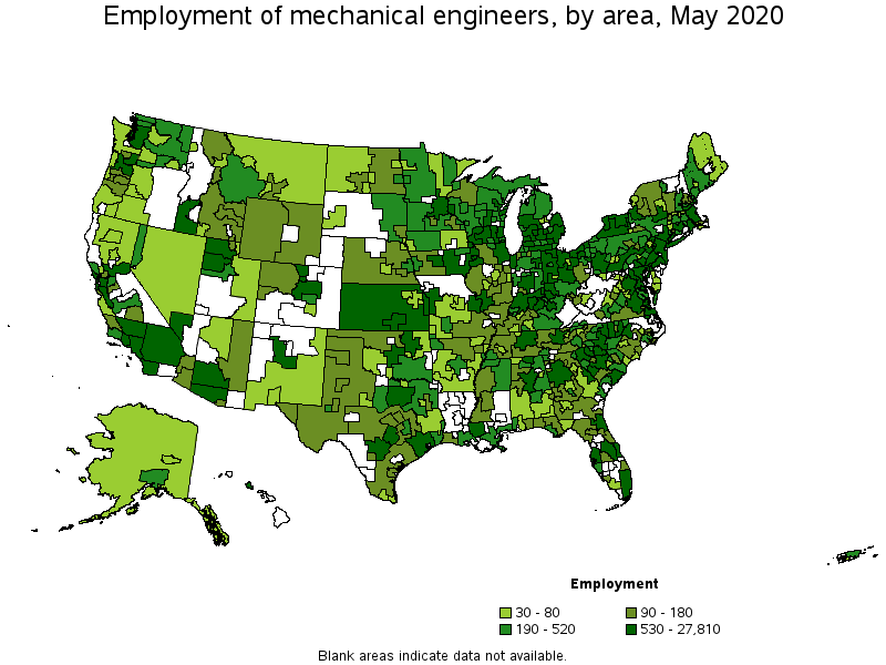 Employment of Mechanical Engineers, by area, May 2020