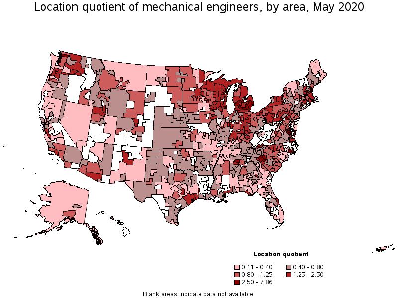 Location Quotient of Mechanical Engineers, by area, May 2020