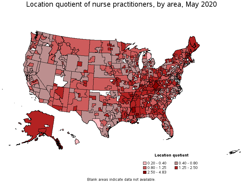 Location Quotient of Nurse Practitioners, by area, May 2020